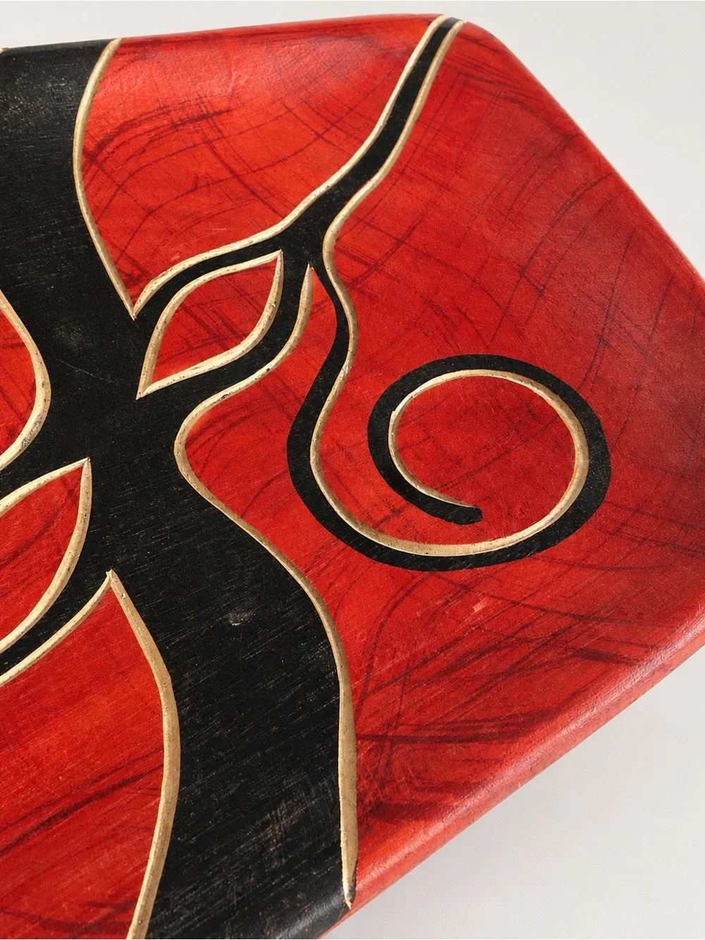 Hand Carved Wood Tray Red Black Gold Abstract Tribal Boho Decor 14 Inch